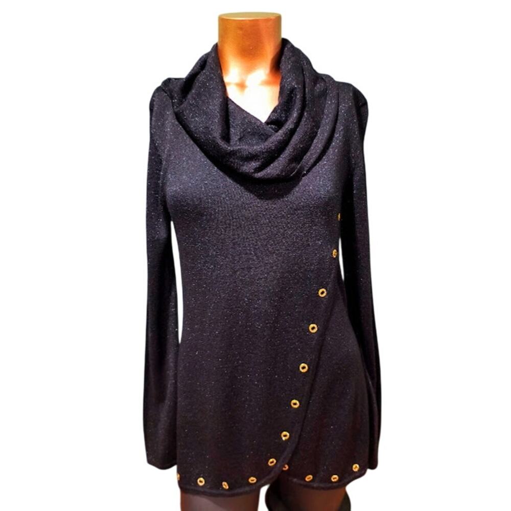 Rafiana Sparkly Cowl Neck Wrap Sweater, Gold‎ & Rhinestone Detail, Black. Sz S